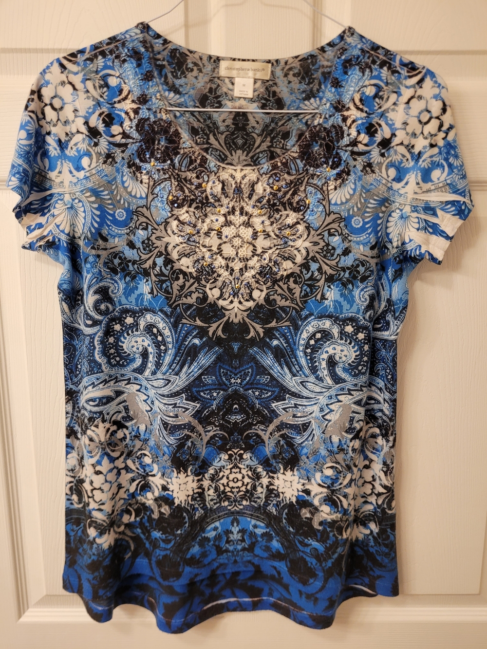 Christopher & Banks Blue, Black &  White Paisley Top Sz. Med